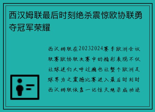西汉姆联最后时刻绝杀震惊欧协联勇夺冠军荣耀